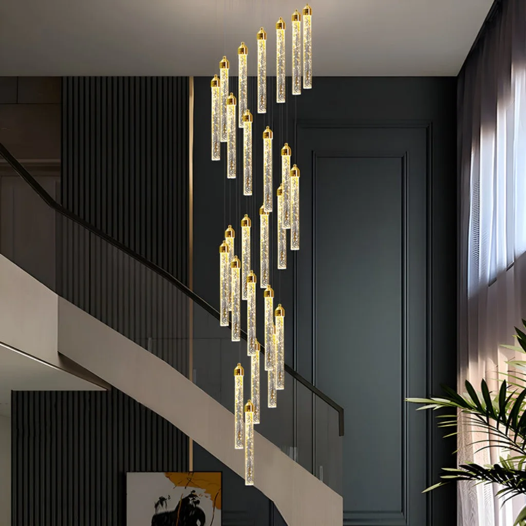 Modern Staircase Chandelier Waterfall Glass Tube Effect