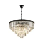 Close-up of Modern Tiered Crystal Chandelier and Black Frame