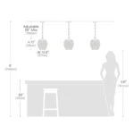 Installation diagram showing three pine cone pendant lights over a kitchen island with height references.
