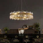 Premium craftsmanship and easy installation features of the luxury brass crystal chandelier.