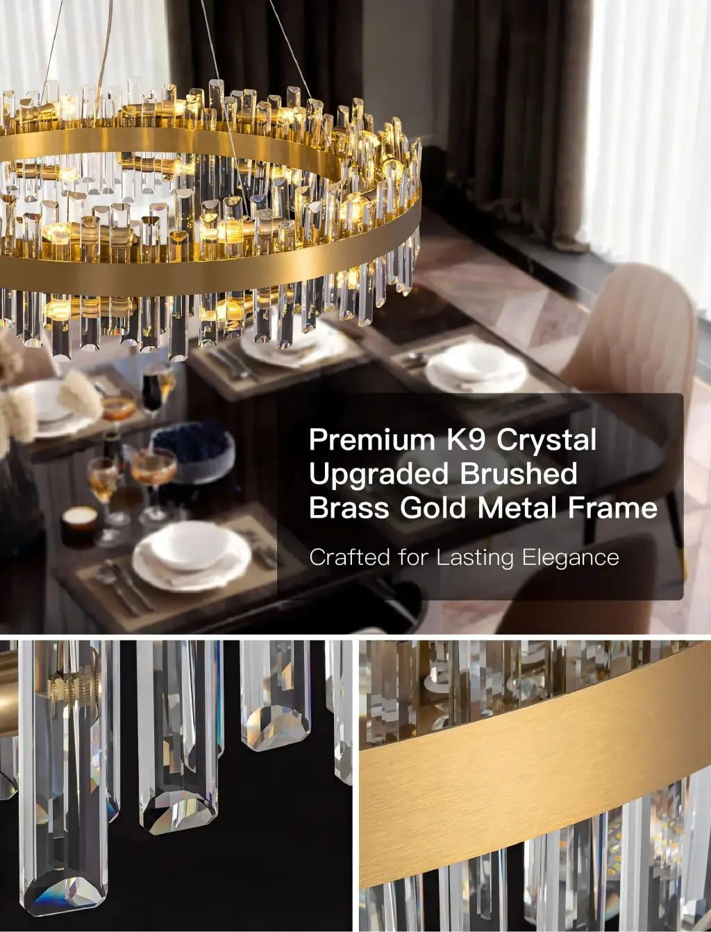 Summary of premium K9 crystal and upgraded brushed brass gold metal frame features.