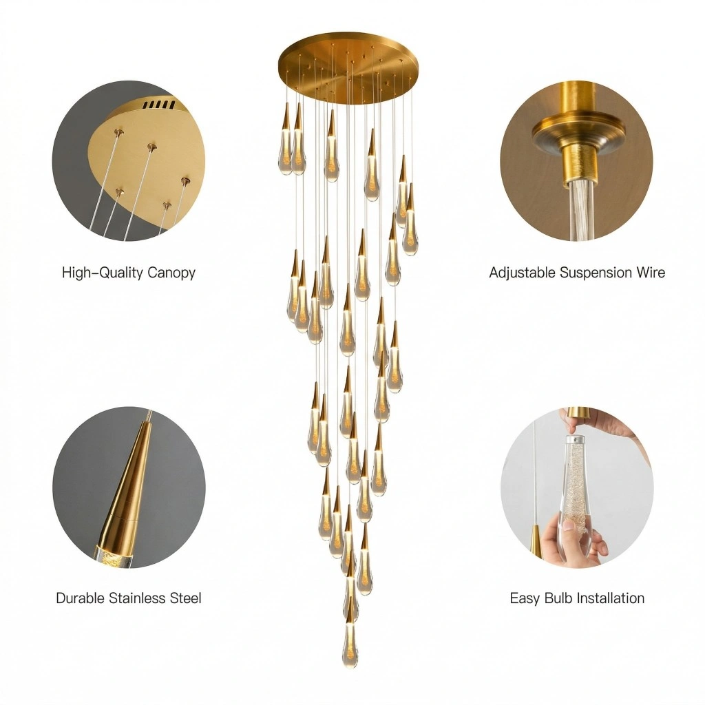 Feature guide for the raindrop chandelier showing high-quality canopy, adjustable wires, and easy bulb installation.