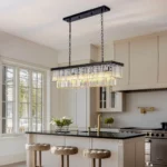 Rectangular Black Chandelier Complementing Modern Kitchen Cabinets
