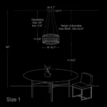 Installation dimension guide for Size 1 round crystal chandelier with 19.7-inch width.