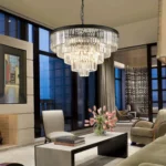 Round Tiered Crystal Pendant Light with Matte Black Accents