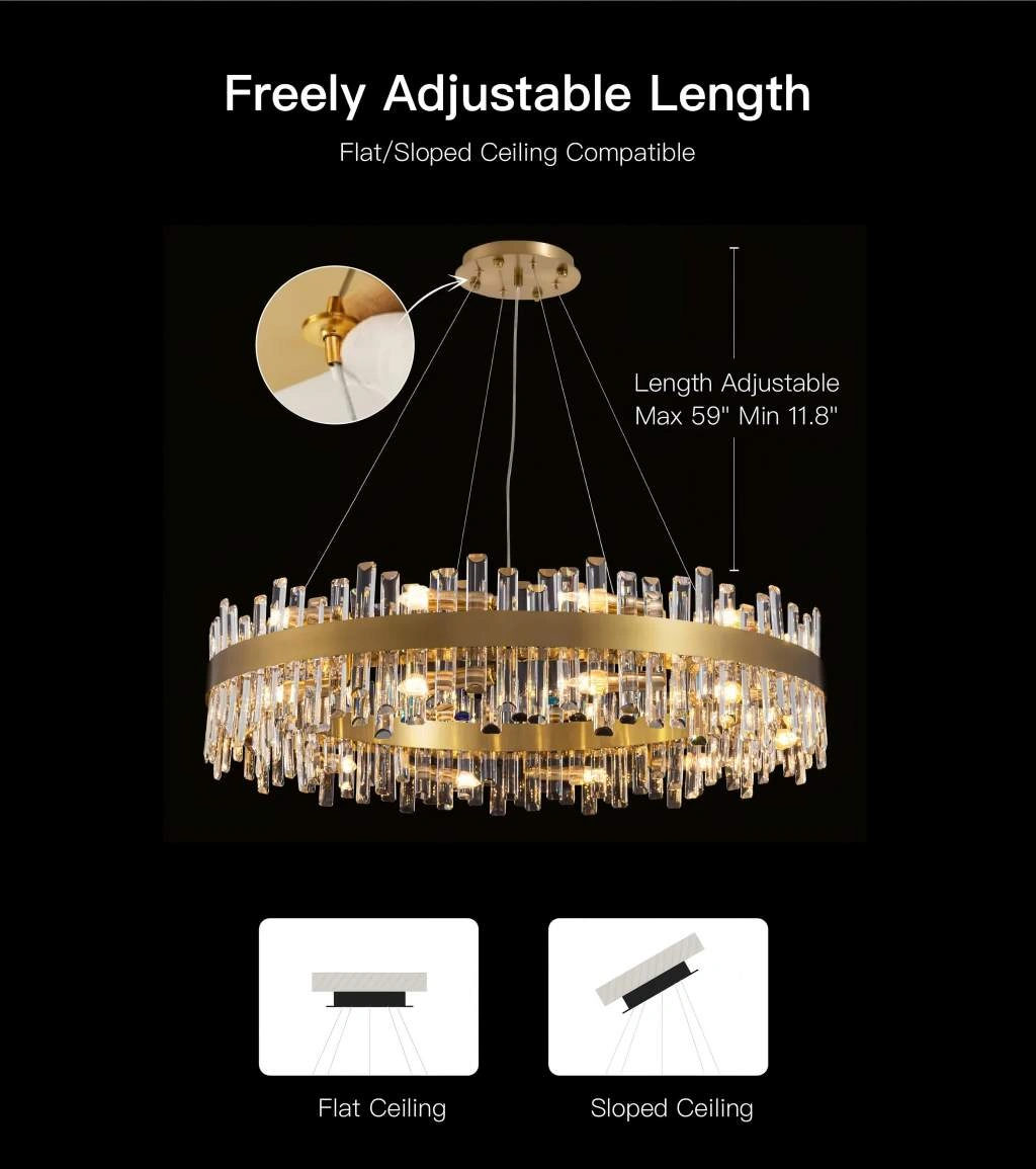 Flat and sloped ceiling compatible crystal chandelier with freely adjustable hanging length from 11.8 to 59 inches.