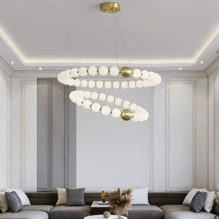 Spiral LED Gold Chandelier with Pearl Accents and High Ceiling Mount