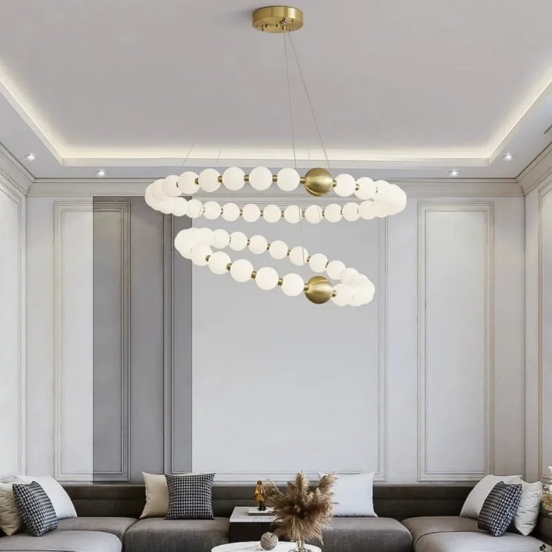 Spiral LED Gold Chandelier with Pearl Accents and High Ceiling Mount