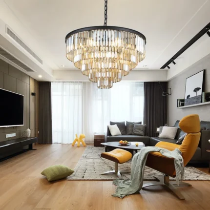 Tiered Crystal Chandelier with Black Metal Frame in Luxury Living Room