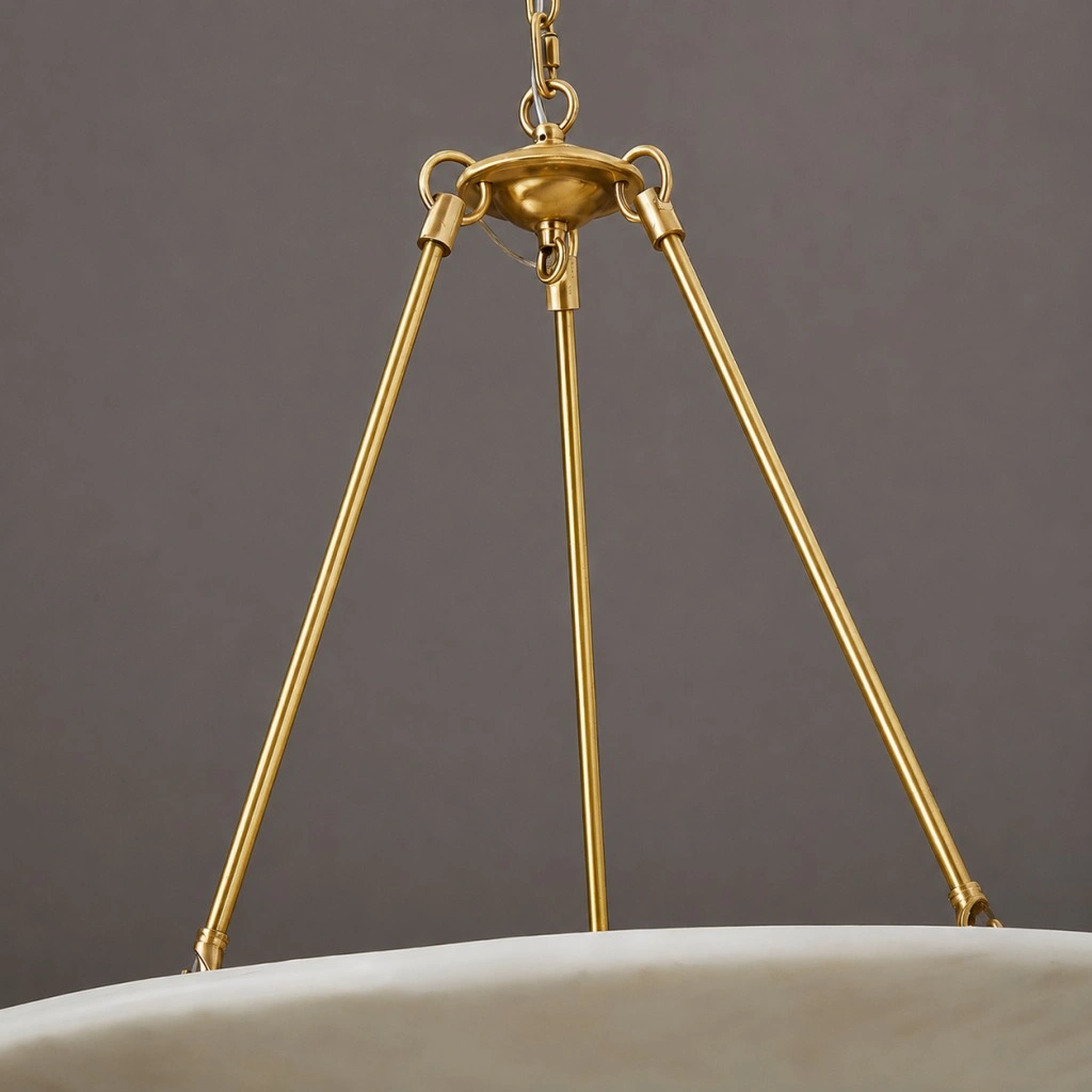 close up view of premium brushed brass hardware canopy and solid rod suspension details for luxury cone chandelier