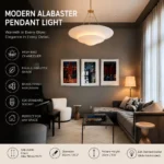 Modern alabaster pendant light in mid-century style luxury living room setting, featuring adjustable chain and standard E26 bulb socket, bulbs not included.
