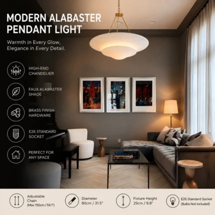 Modern alabaster pendant light in mid-century style luxury living room setting, featuring adjustable chain and standard E26 bulb socket, bulbs not included.