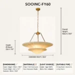 Technical specifications for SOOINC-FY60 transitional pendant light, featuring 5x standard E26 bulb base for convenient custom bulb setup