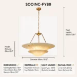 Size buying guide for SOOINC-FY80 cone chandelier with 80cm diameter, highlighting standard E26 medium base sockets for easy bulb pairing.