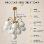 Sputnik Chandelier with High End Faux Marble Glass Shade Gold Finish