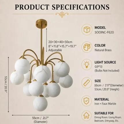 Sputnik Chandelier with High End Faux Marble Glass Shade Gold Finish