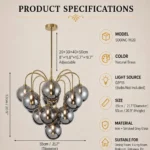 Sputnik Chandelier with Contemporary Smoked Grey Glass Shade Gold Base
