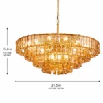 Gold Glass Chandelier dimensions showing 31.5 inch width and 15.8 inch fixture height with amber textured glass.