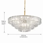 Glass Chandelier dimensions showing 31.5 inch width and 15.8 inch fixture height with clear textured glass.
