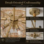 Craftsmanship details of glass chandelier with gold finish frame