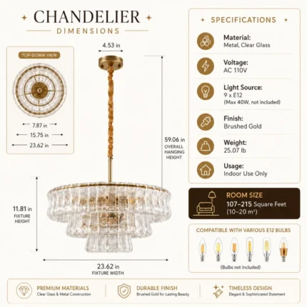 Glass Chandelier dimensions and specifications with tiered gold finish