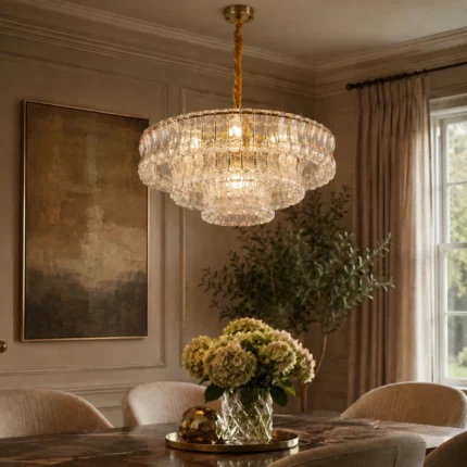 Glass Chandelier with tiered gold finish above dining room table