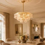 Gold finish glass chandelier in luxury dining room interior