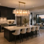 Gold kitchen island chandelier with textured glass shades in a modern kitchen