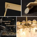 Gold linear chandelier craftsmanship with metal suspension rods and handcrafted glass
