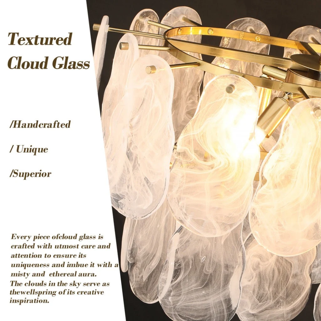 Hand-blown textured cloud glass detail on modern gold linear chandelier