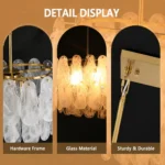 Modern linear chandelier details showing gold frame glass shades and adjustable rods