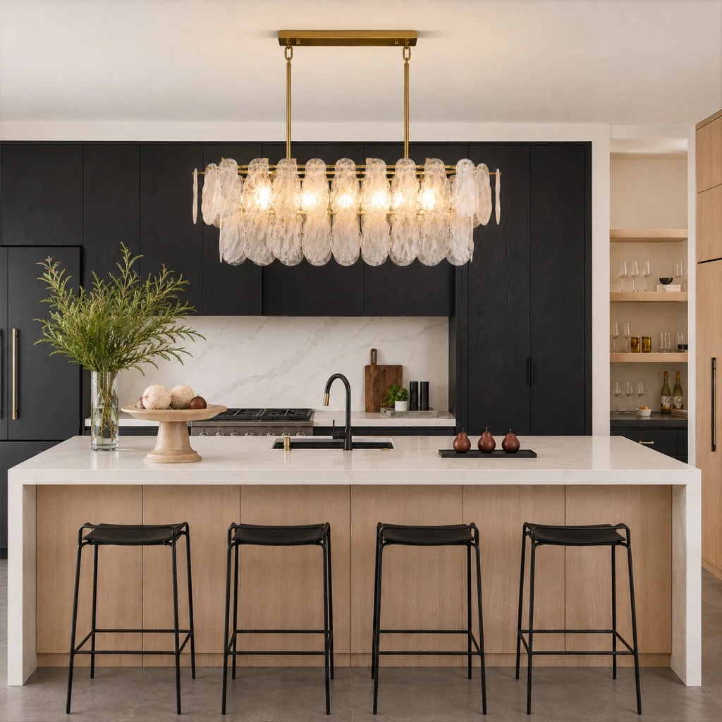 Modern linear chandelier with hand-blown glass and gold frame above a kitchen island