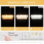 Modern linear chandelier shown with warm neutral and white light color options