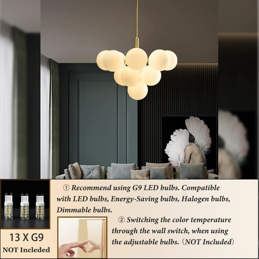 13 light globe chandelier with milk glass shades and G9 bulb sockets
