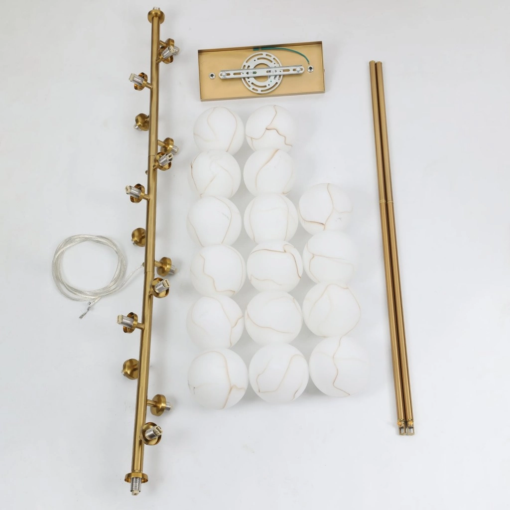 16 light globe chandelier parts with glass shades, gold frame, canopy and downrods