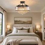 Bedroom crystal chandelier mounted above a modern upholstered bed