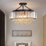 Bedroom crystal chandelier with black metal frame and sparkling crystal drops