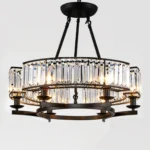 Black crystal chandelier with clear crystal prisms shown in a ceiling mount configuration