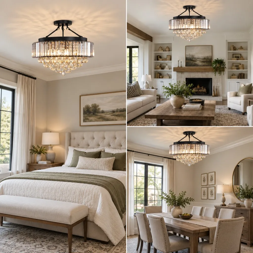 Black crystal chandelier shown in bedroom living room and dining room interiors