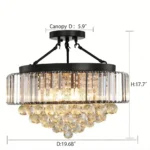 Black crystal chandelier measuring 19.68 inches wide and 17.7 inches high