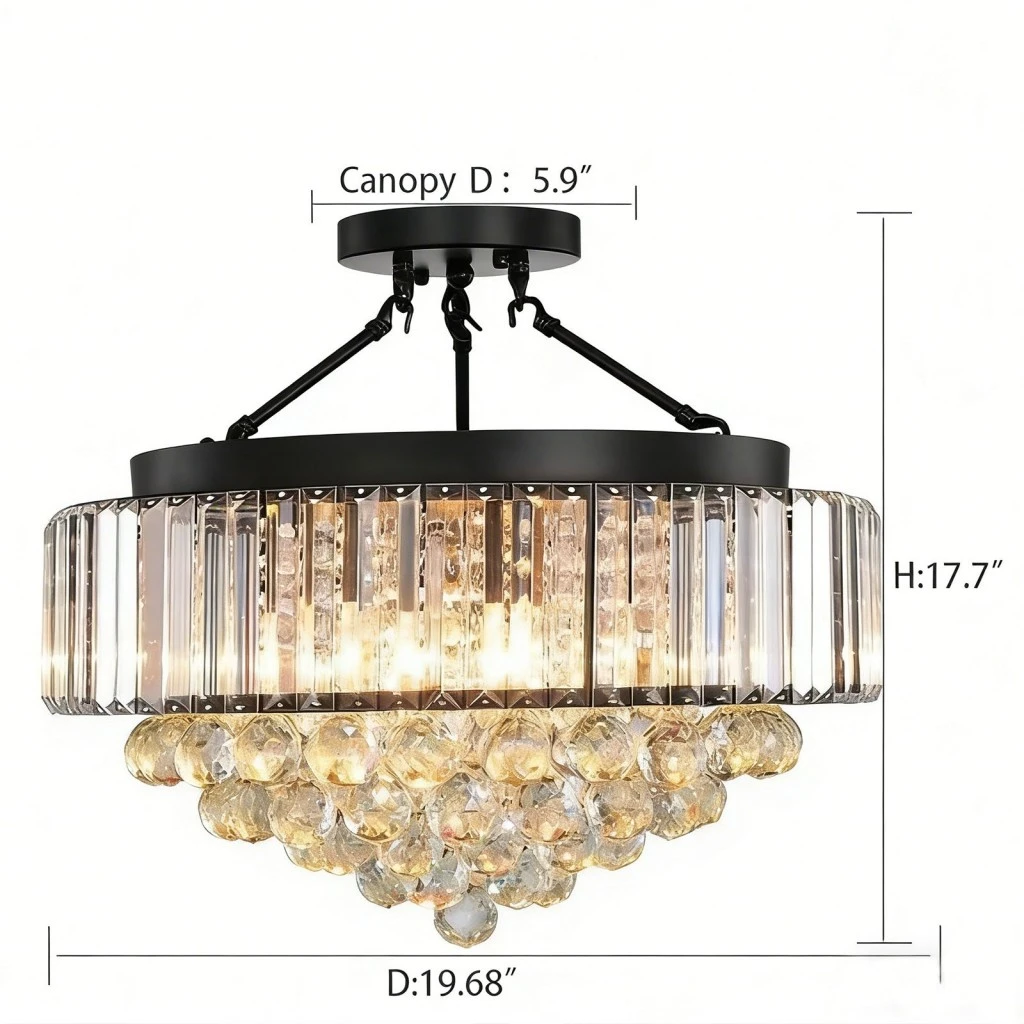 Black crystal chandelier measuring 19.68 inches wide and 17.7 inches high