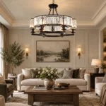 Black farmhouse chandelier with clear crystal prisms in an elegant neutral living room
