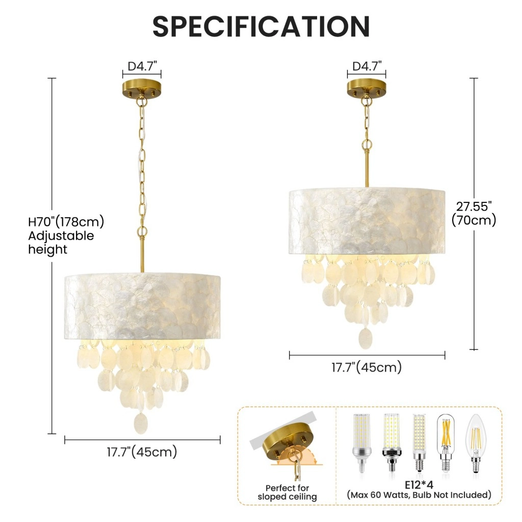 Capiz chandelier dimensions with 17.7 inch width and adjustable hanging height