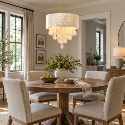 Capiz chandelier with white shell drum shade above a round dining table