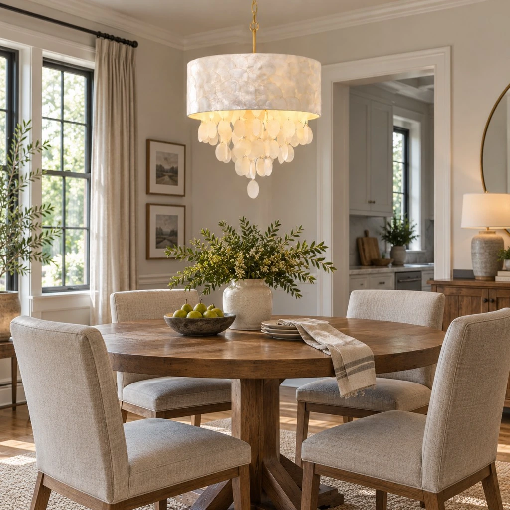 capiz-chandelier-dining-room-01 Capiz chandelier with white shell drum shade above a round dining table