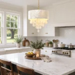 Capiz chandelier with white shell shade above a kitchen island
