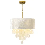 Capiz chandelier with white shell drum shade and gold hanging hardware