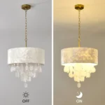 Capiz shell chandelier shown with the light turned off and on