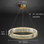 Gold circular chandelier size guide with adjustable hanging height