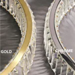 Gold and chrome circular chandelier finishes with K9 crystal details